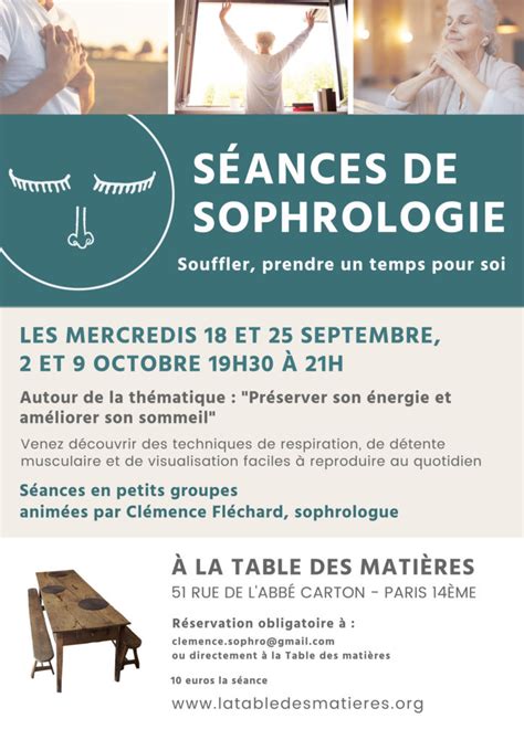 Rentrée 2019 retour des séances de sophrologie LA TABLE DES MATIÈRES