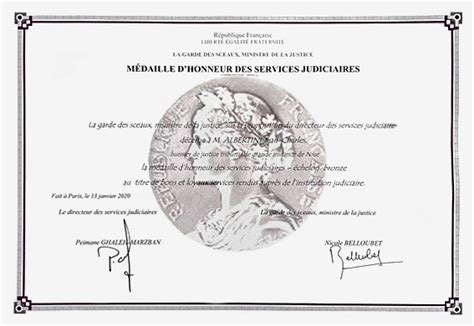 Médaille d honneur des Services judiciaires Brevet