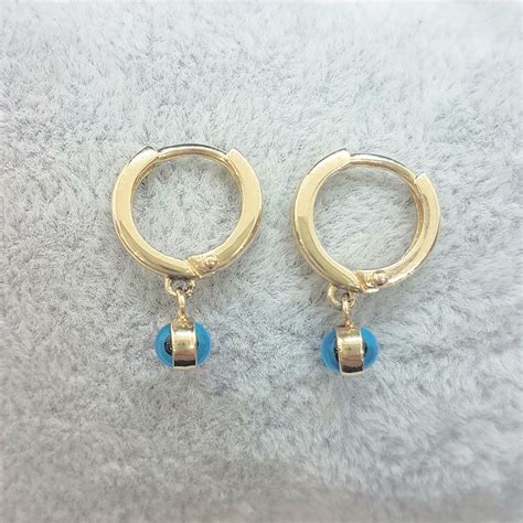 K Real Solid Gold Two Sided Evil Eye Dangle Drop Hoops Etsy