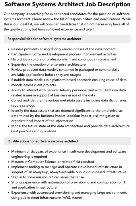 Software Systems Architect Job Description Velvet Jobs