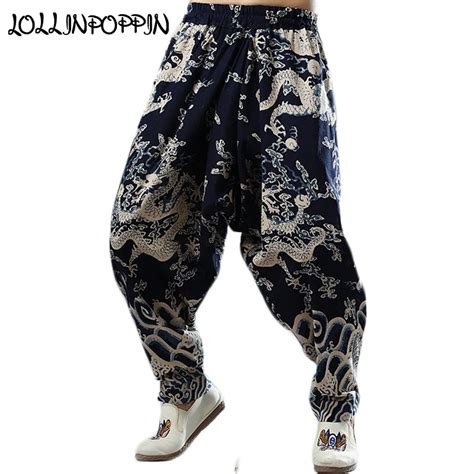 Dragons Printing Mens Casual Linen Pants Drop Crotch Traditional