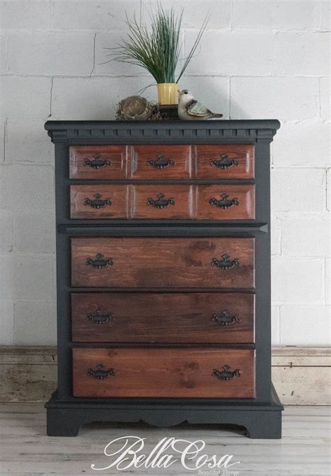 Solid Wood Two Tone Black Dresser With Mahogany Stained Etsy Wood