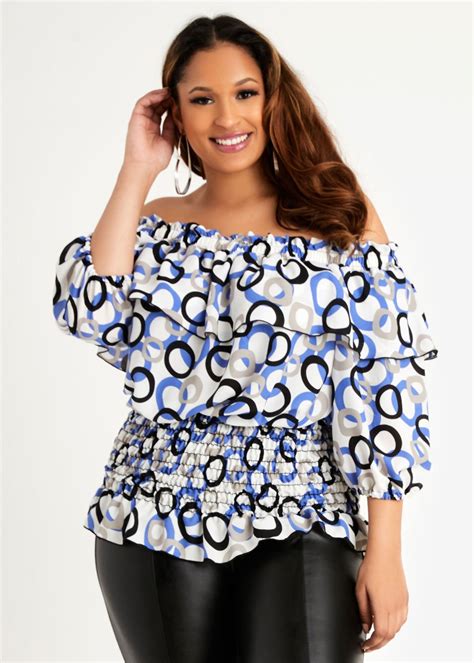 Plus Size Dot Off The Shoulder Smocked Peasant Peplum Ruffle Top