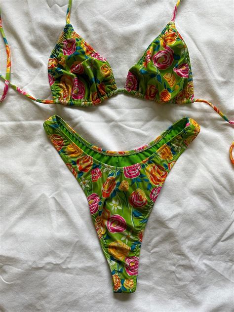 Deadstock Vintage Inspired Bikini Thong Style Green Floral Printed Bikini Y K S S