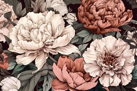 Premium Photo Seamless Pattern With Peony Flowers Hand Drawn Illustration