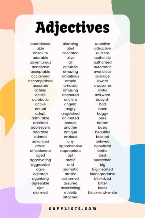 Adjective List Excel Pdf Plain Text