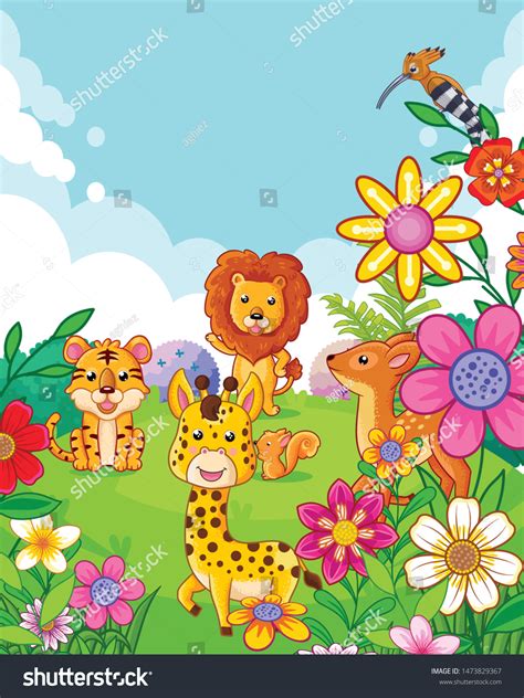 Happy Cute Animals Flowers Playing Garden Stock Vector (Royalty Free) 1473829367 | Shutterstock