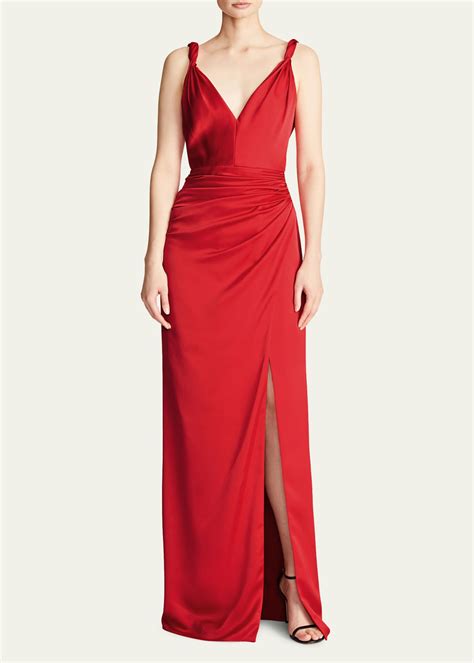 Halston Yvette Twisted Strap Satin Slit Gown Bergdorf Goodman