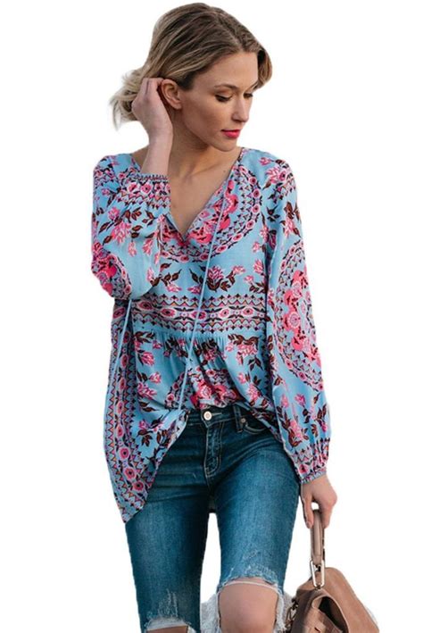 Blue Bohemian Print Tassel Tie V Neck Blouse Loose Blouse Top