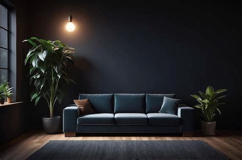 A Couch In A Dark Room With A Plant On The Wall And A Light From The