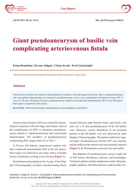 PDF Giant Pseudoaneurysm Of Basilic Vein Complicating Arteriovenous