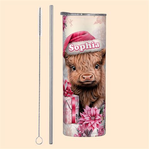 Personalisierte Rosa Floral Highland Cow 20oz Skinny Becher Mit Namen Weihnachtsgeschenk Für