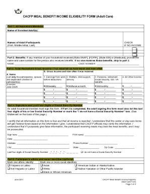 Fillable Online Cacfp Meal Benefit Income Eligibility Adult Form