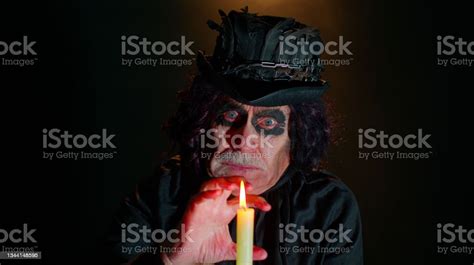 Sinister Old Mature Man In Carnival Costume Of Halloween Witcher Making