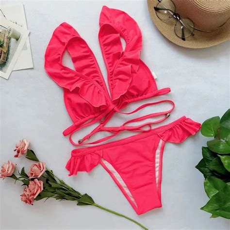 Red Swimsuit Falbala Bikini Sexy Brazil Maillot Sexy Swimming Suit For