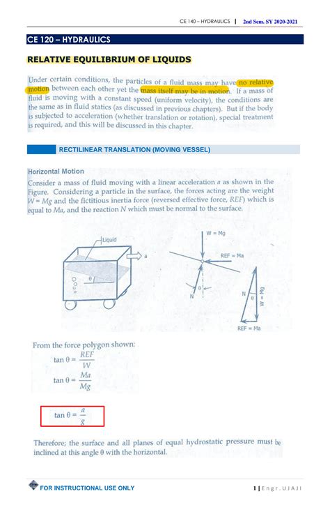 SOLUTION Relative Equilibrium Of Liquids Hydraulics Studypool