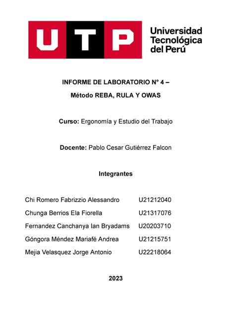 Informe De Laboratorio N Informe De Laboratorio N M Todo Reba