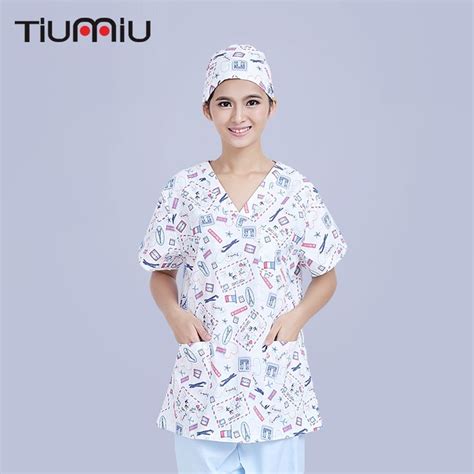 Cotton Print Doctor Nurse Uniform Women Short Sleeve Scrub Sets Medical