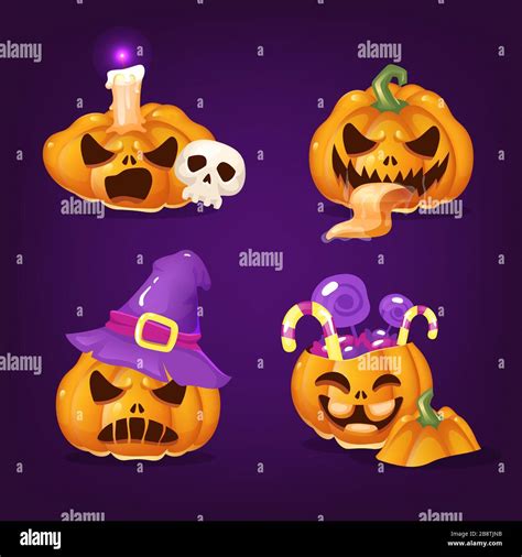 Spooky Halloween Pumpkins Cartoon Vector Illustrations Set Stock Vector