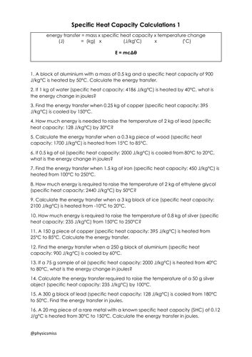 Gcse Specific Heat Capacity Calculations Teaching Resources