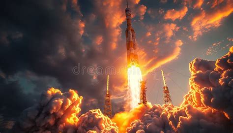 Fiery Rocket Launch With Dramatic Clouds Stock Photo Image Of