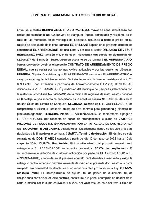 Contrato De Inmueble Agrario Contrato De Arrendamiento Lote De Terreno Rural Entre Los