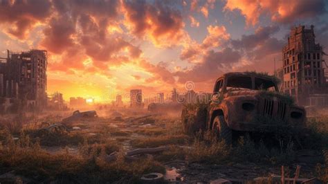 Post Apocalyptic Sunset Over Abandoned City Resplendent Stock Image