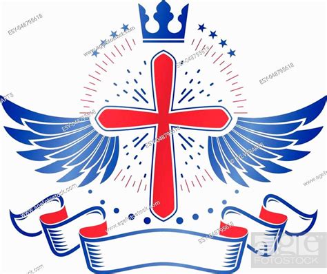 Winged Christian Cross Emblem Composed With Royal Crown And Luxury