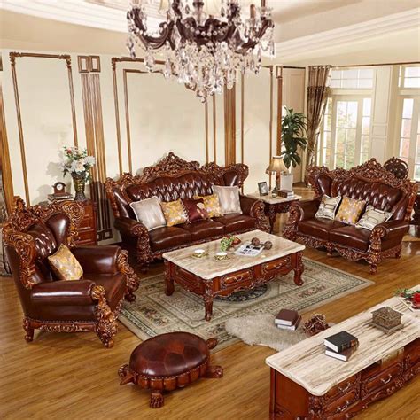 Wood Carved Classic Leather Sofa In Optional Couch Seats And Furniture