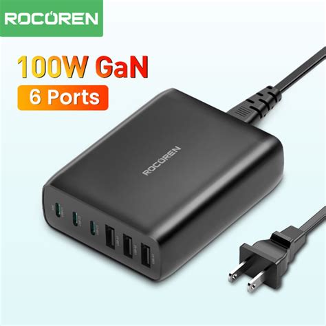 Rocoren 100w เครื่องชาร์จ Gan 6พอร์ต Usb Type C Pd ที่ชาร์จความเร็วสูง4