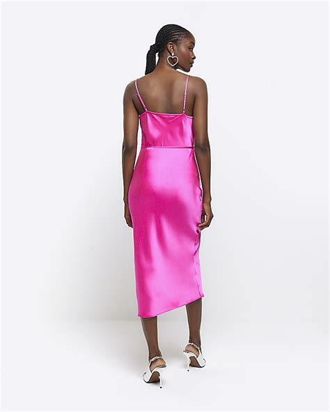 Pink Satin Cowl Neck Slip Midi Dress River Island