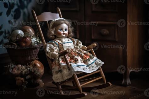 A Beautiful Vintage Porcelain Doll Sitting On A Rocking Chair Created With Technology 22568870