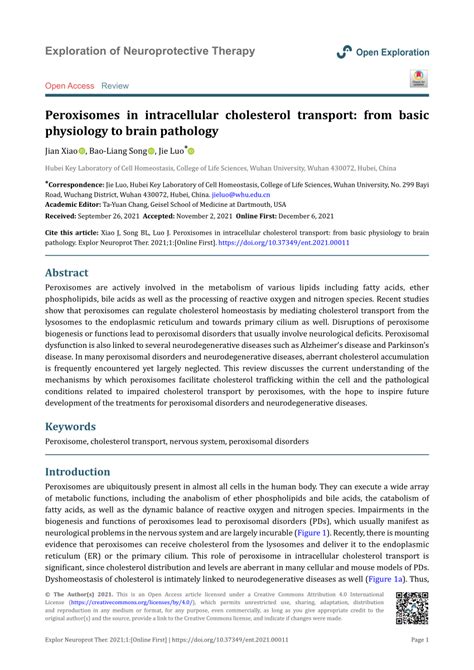 Pdf Peroxisomes In Intracellular Cholesterol Transport From Basic Physiology To Brain Pathology