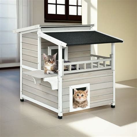 Pefilos Wooden 2-Story Outdoor/Indoor Cat House with Large Balcony, Cat ...