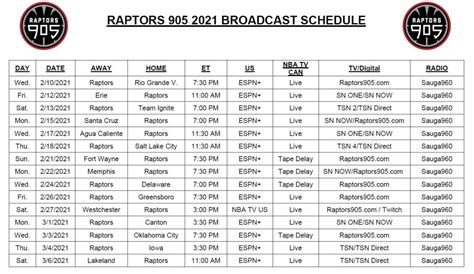 RAPTORS 905 ANNOUNCE BROADCAST SCHEDULE - Raptors 905