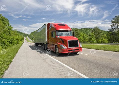 Red Semi Truck On Interstate In Springtime Stock Image Image Of