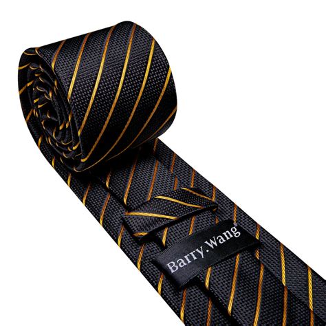 Gold Stripe Black Formal Tie Pocket Square Cufflinks Set Barrywang