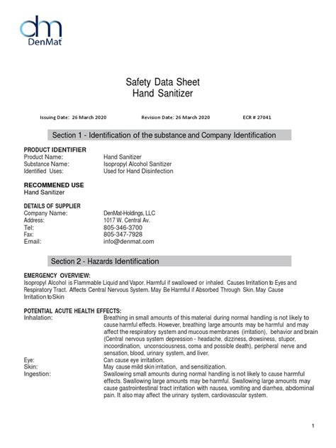 Safety Data Sheet Hand Sanitizer Section 1 Identification Of The Substance And Company