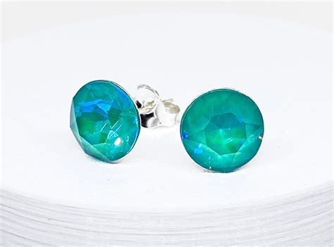 Swarovski Crystal Stud Earrings Laguna Blue Teal Sterling Silver