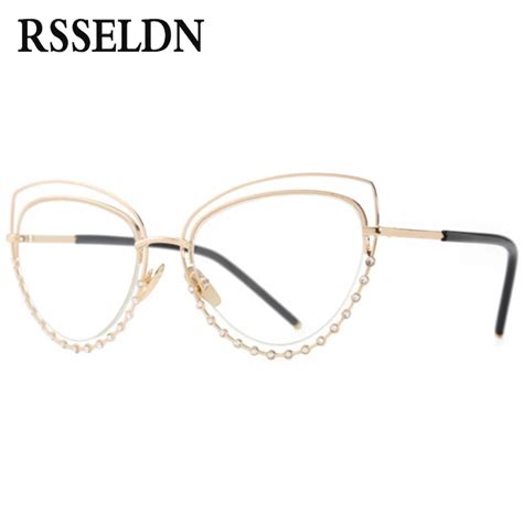 Rsseldn Gold Rhinestone Cat Eye Glasses Frames For Women Clear Lens