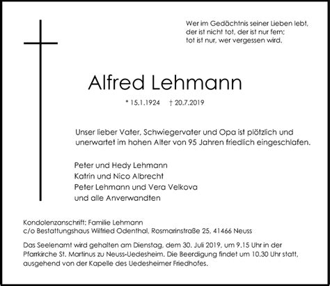 Alle Traueranzeigen F R Alfred Lehmann Trauer Rp Online De