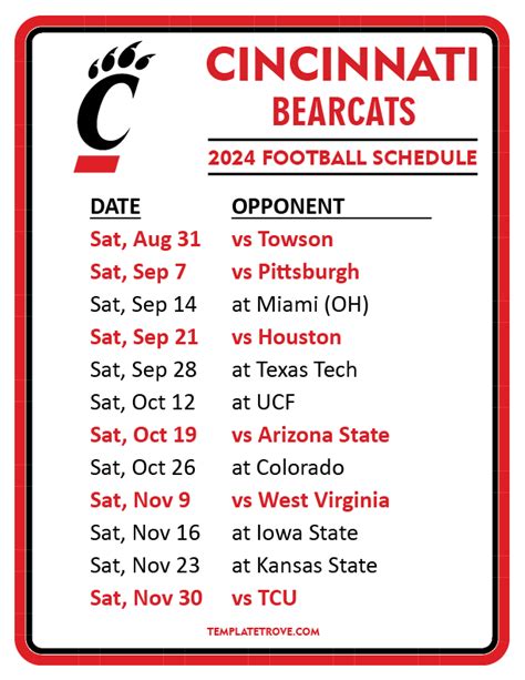 Printable 2024 Cincinnati Bearcats Football Schedule