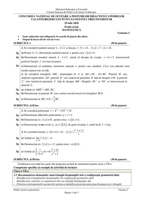 Matematica Bacalaureat Evaluare Nationala Variante