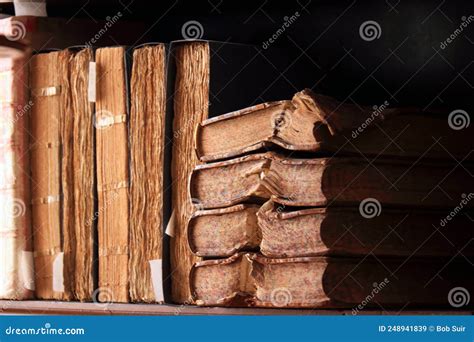 Medieval Ancient Books On Shelf Interior Of Castle Rosendael Stock