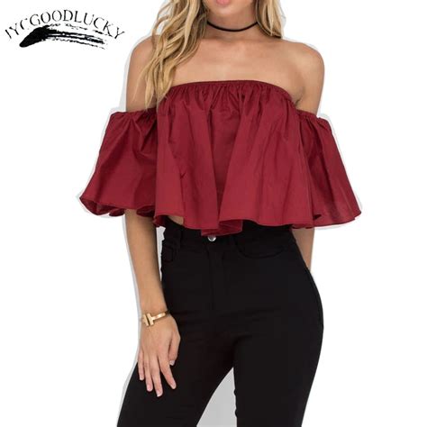 Off Shoulder Women Cute Blouse Tops Flare Sleeve Sexy Slash Neck