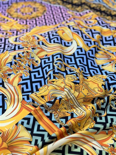 Greek Key Pattern Fabric, Gold Baroque Silky Crepe Fabric , Panel ...