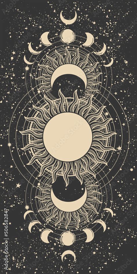 Vintage tarot background for witch, phases of the sun and moon, full moon on black night sky ...