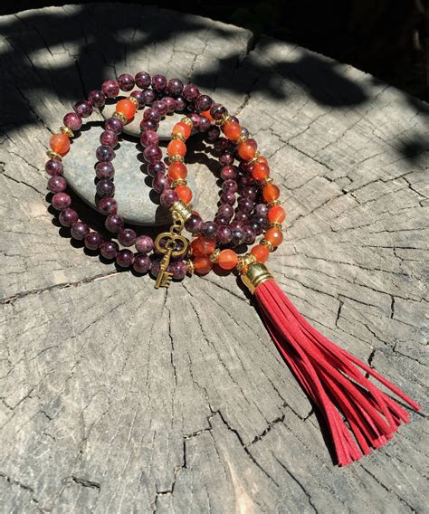 GARNET CARNELIAN Mala Beads With RED Suede Tassel 108 Bead Etsy