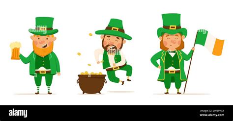 St Patricks Day Set Of Different Characters Of Leprechauns In