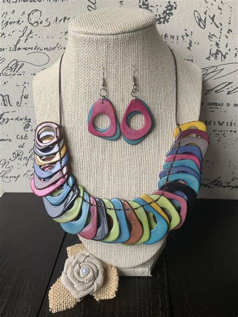 Rainbow Donut Bead Statement Tagua Nut Necklace And Earrings Set